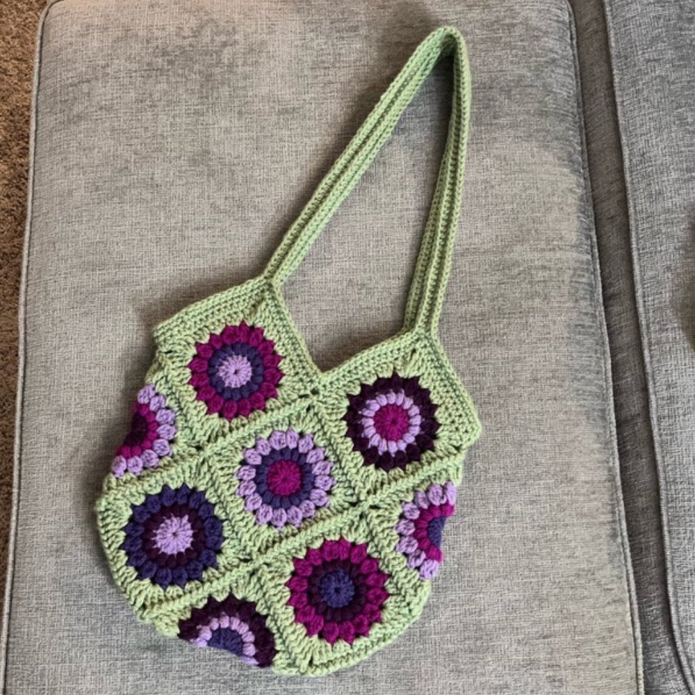 Crochet Flower Tote Bag in Purple and Sage Green